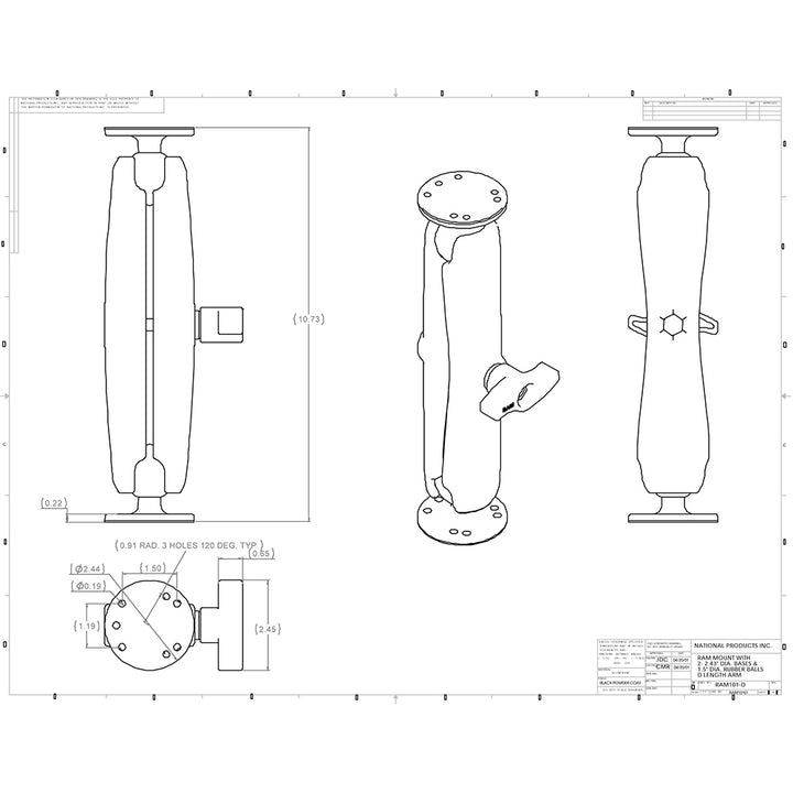 RAM Mount Ball Mount w/Long Double Socket Arm & 2-2.5" Round Bases w/AMPs Pattern [RAM-101U-D]