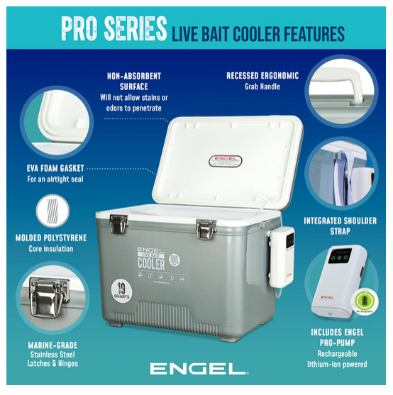 Engel 13Qt Live bait Pro Cooler with AP3 Rechargeable Aerator & Stainless Hardware